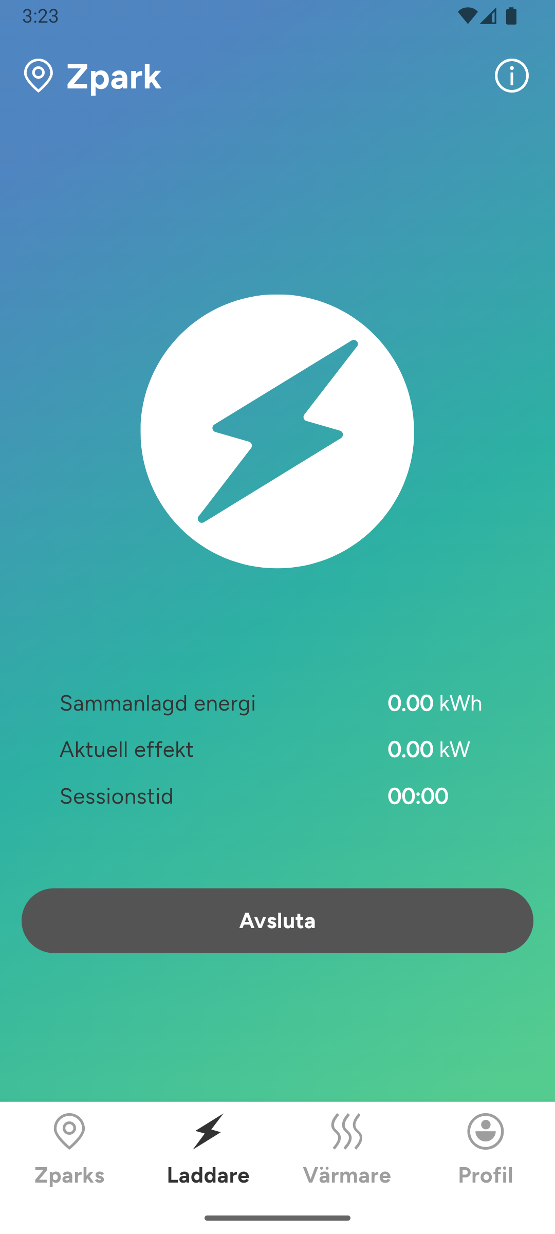 Active charging session screen with info of the users charging session