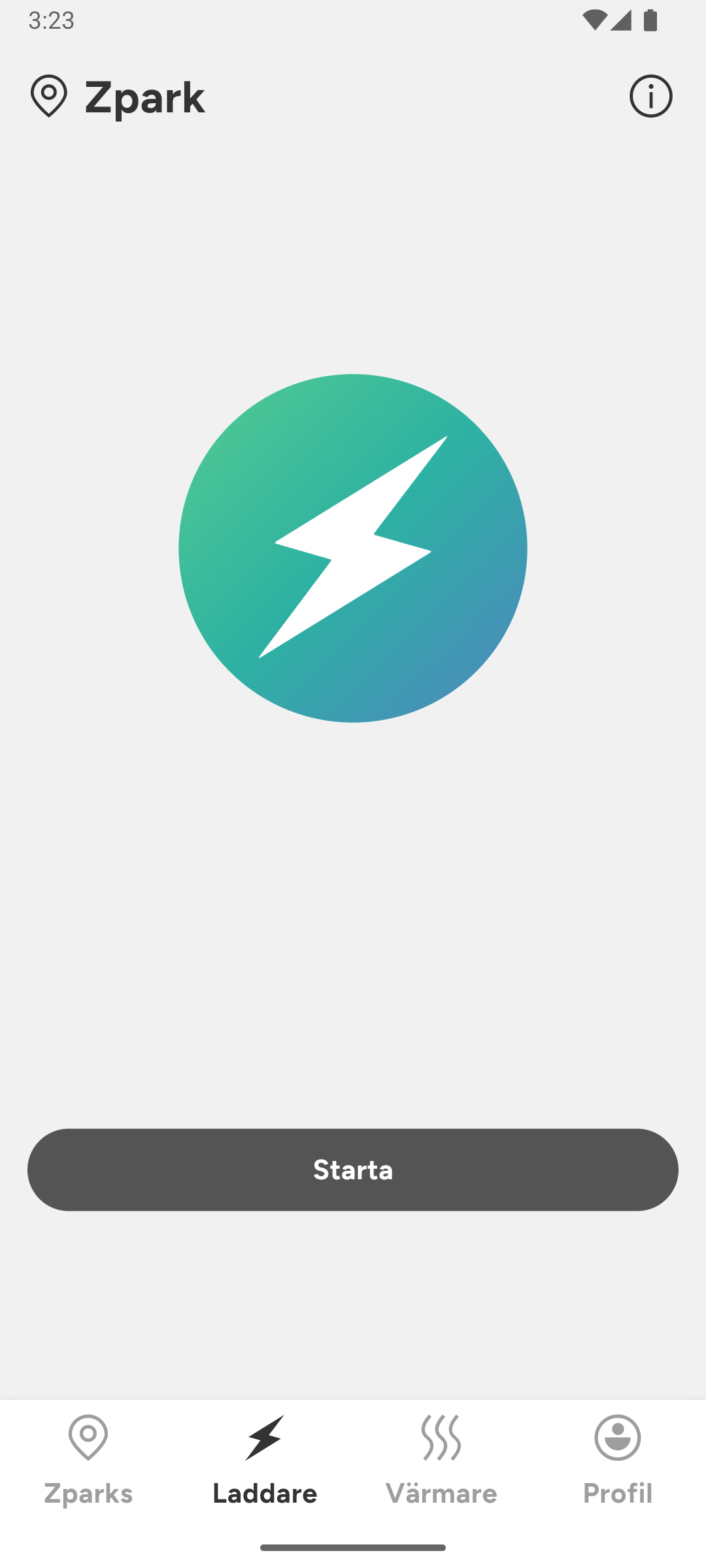 charging start screen with start button