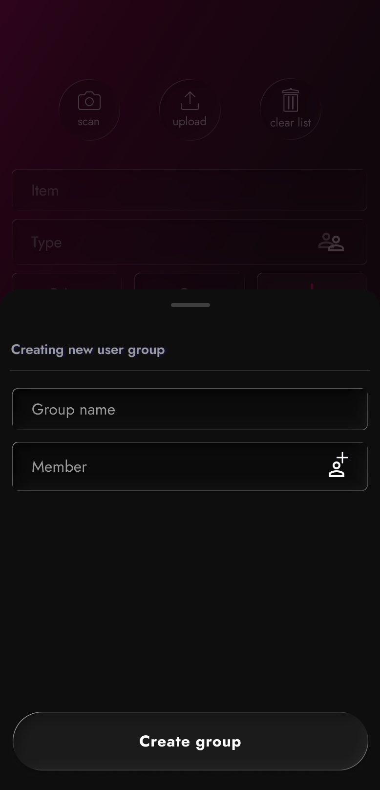 Modal bottom sheet displaying input fields for adding a group name and group members