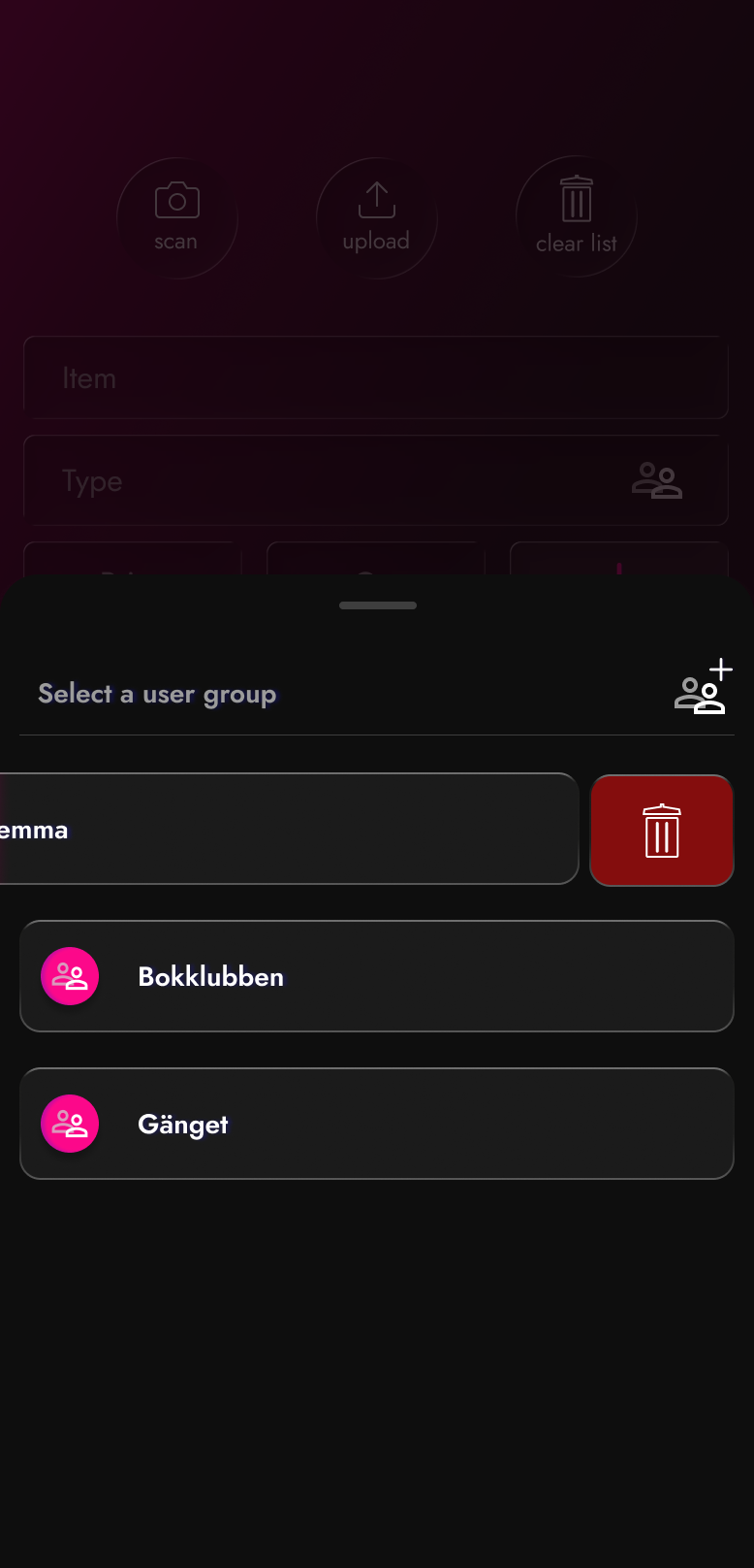 Modal bottom sheet displaying a list of existing user groups and showin that user can swipe to delete