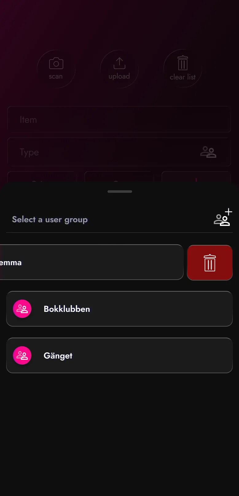 Modal bottom sheet displaying a list of existing user groups and showin that user can swipe to delete