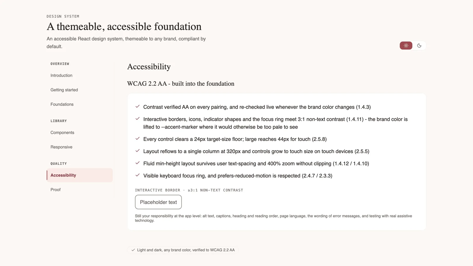 Accessibility page listing the WCAG 2.2 AA criteria the system meets, each with its success criterion number