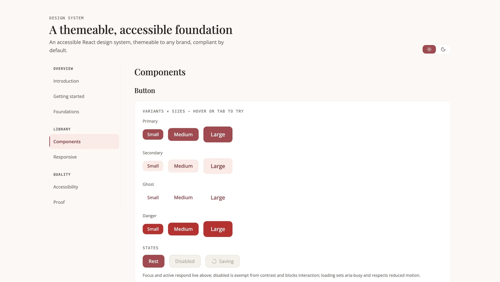 Components page showing button variants and sizes - primary, secondary, ghost and danger - with their rest, disabled and loading states