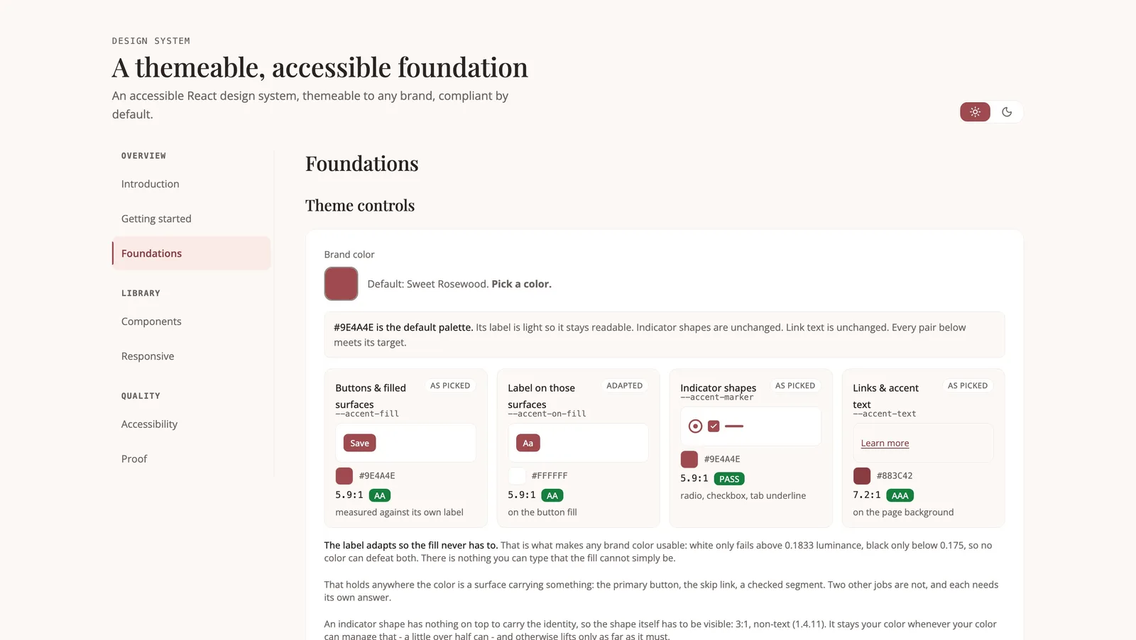 Foundations page with live theme controls, showing the brand color and the measured contrast ratio beside each derived pair