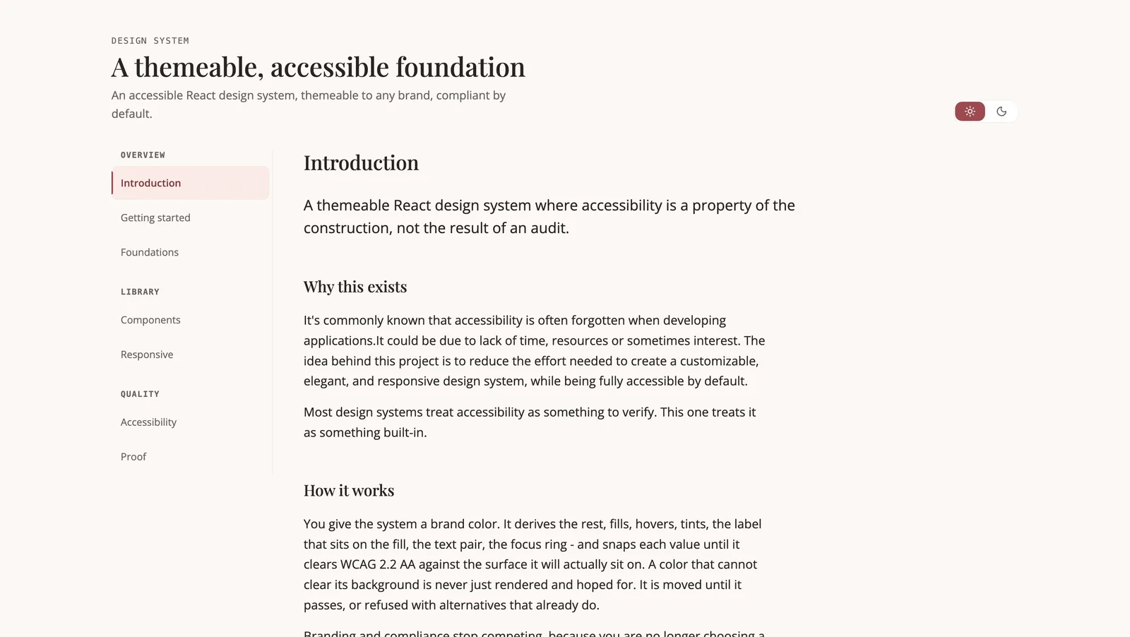 Style guide introduction, describing accessibility as a property of the construction rather than the result of an audit