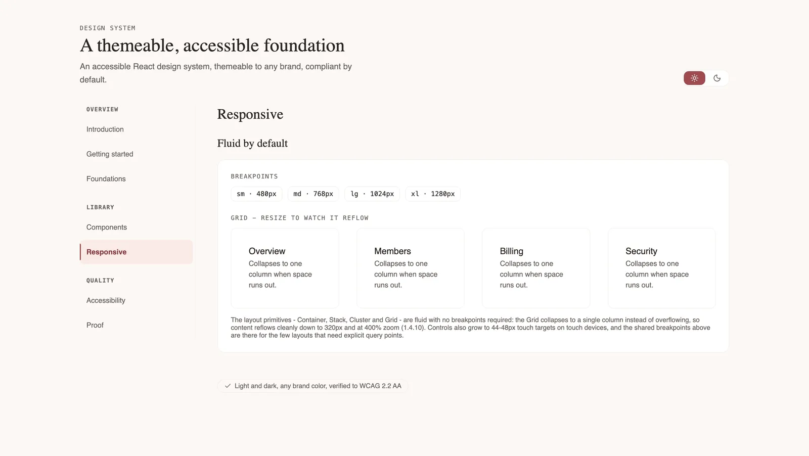 Responsive page showing the shared breakpoints and a grid that collapses to a single column when space runs out