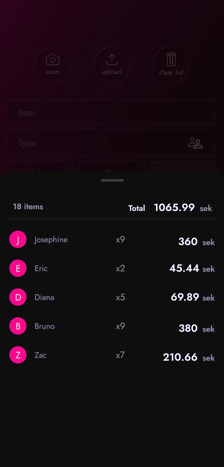 Modal bottom sheet displaying session details, total items, total price and how the total is split between users.