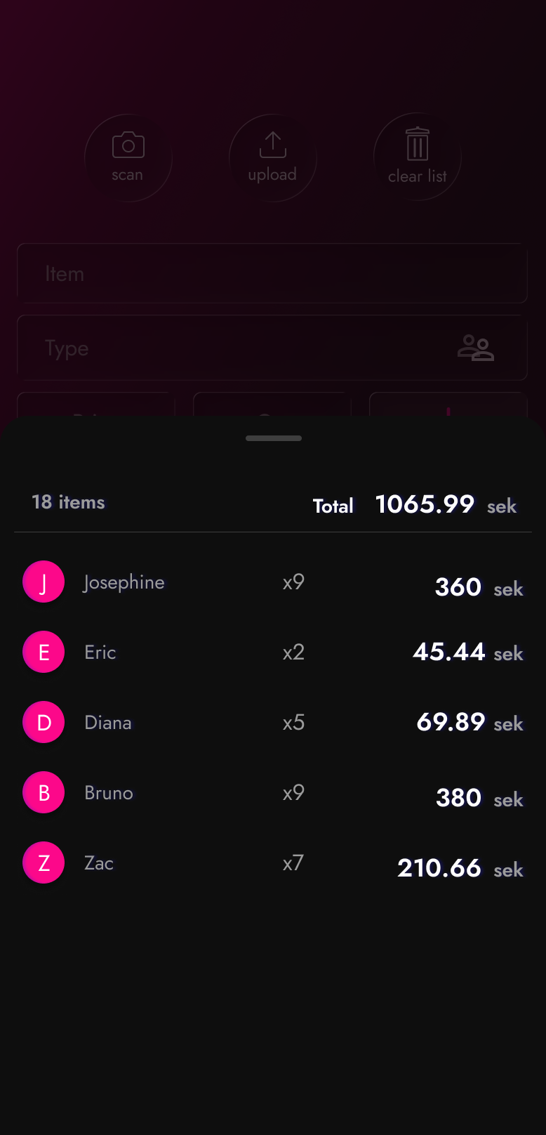 Modal bottom sheet displaying session details, total items, total price and how the total is split between users.