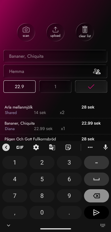 On app start screen. Showing editing of the price intput field.