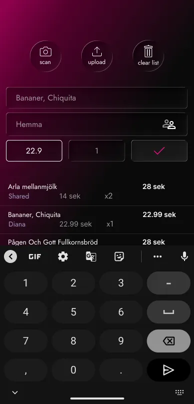 On app start screen. Showing editing of the price intput field.