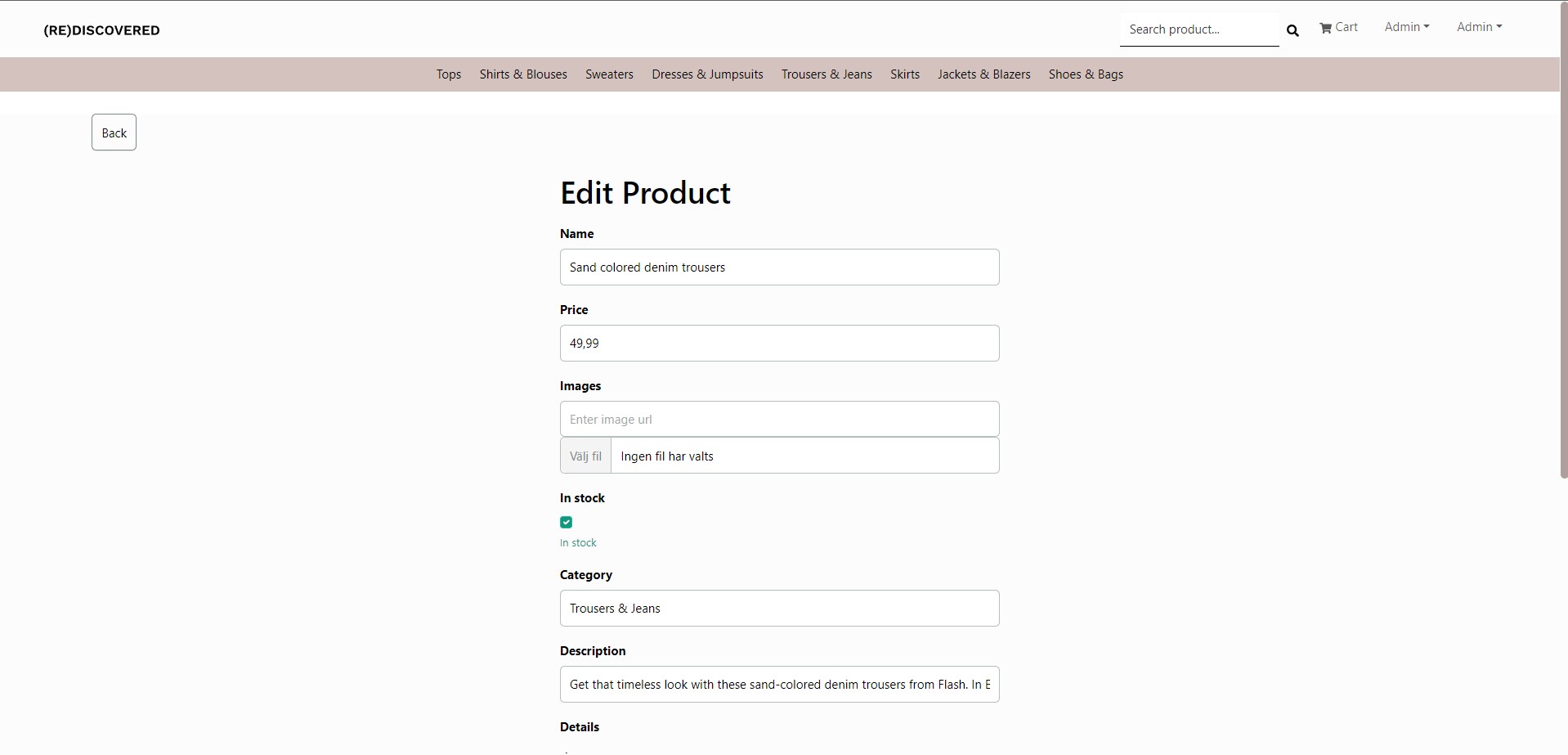 image of edit product screen