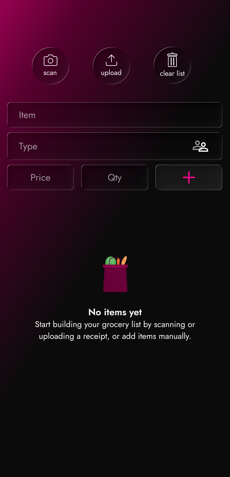App home screen. Shows empty state for list with instructions, uploading and clearing as well as input fields for adding items