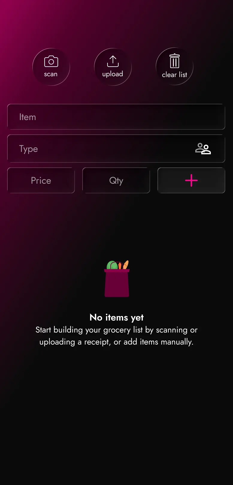 App home screen. Shows empty state for list with instructions, uploading and clearing as well as input fields for adding items