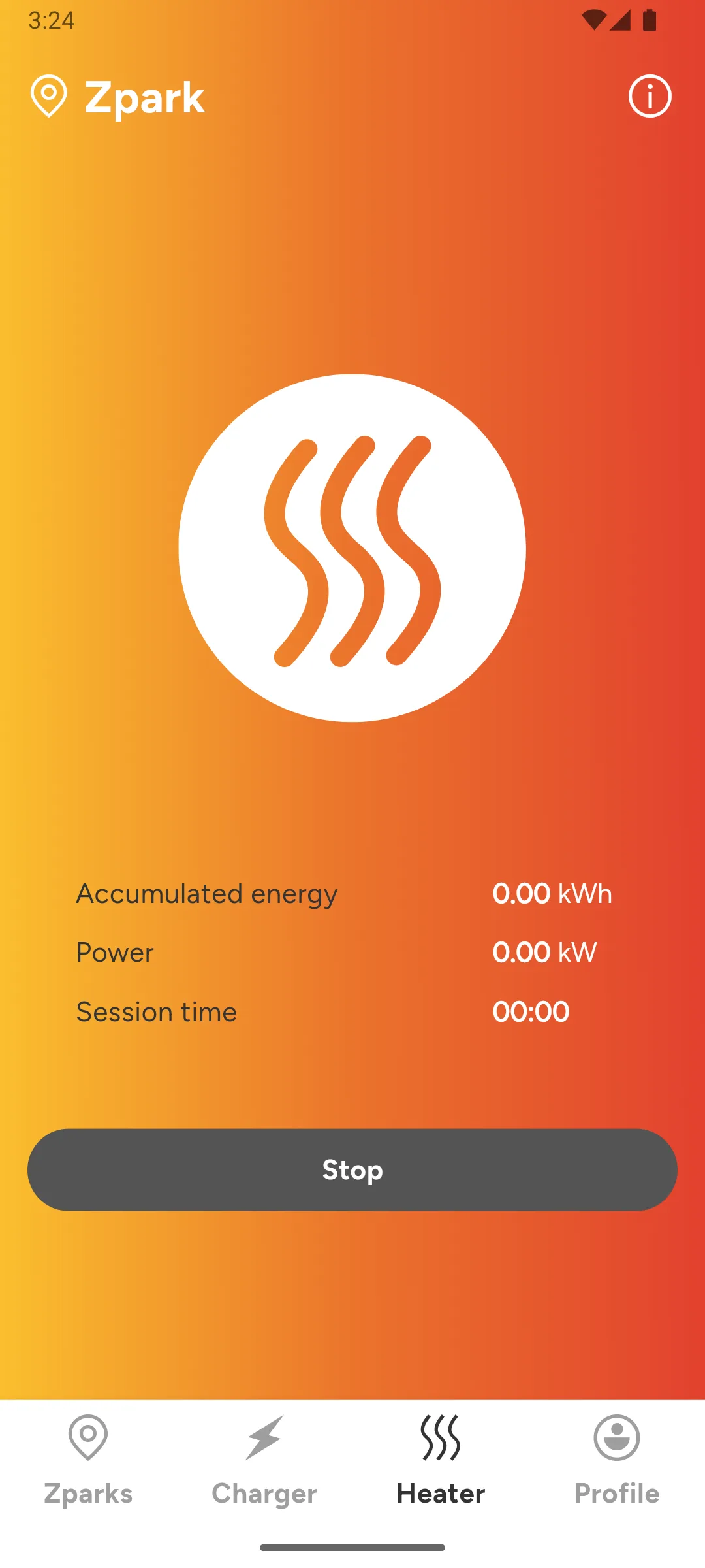 active heating session screen with info of the users charging session