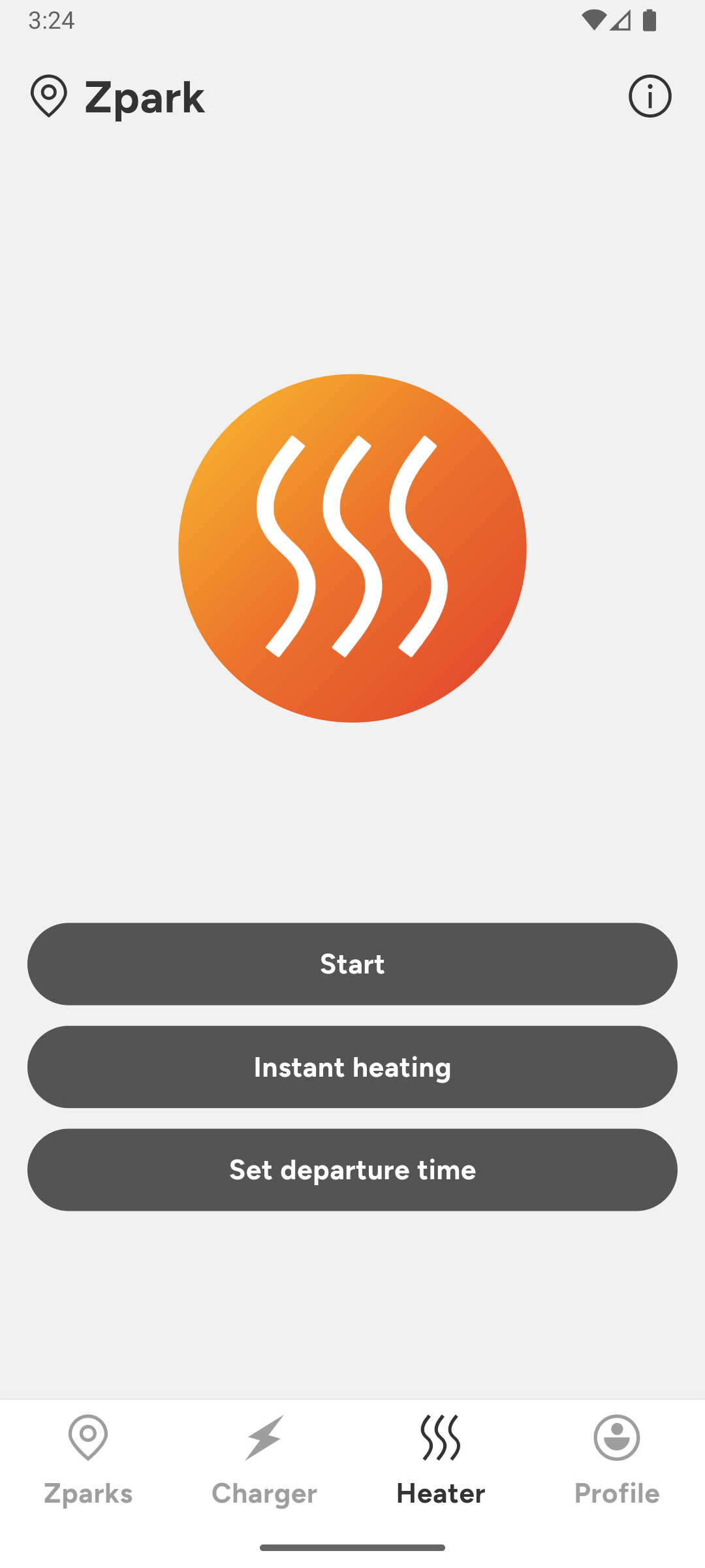 heating start screen with start buttons and heating schedule button