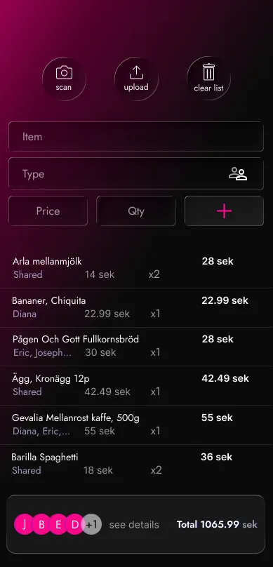 App home screen. Shows added grocery list and buttons for scanning, uploading and clearing as well as input fields for adding items