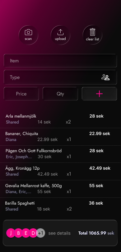 App home screen. Shows added grocery list and buttons for scanning, uploading and clearing as well as input fields for adding items