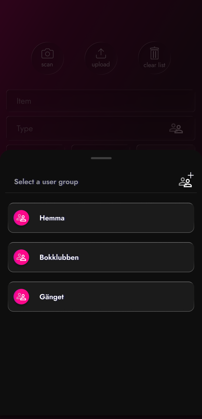 Modal bottom sheet displaying a list of existing user groups and add-usergroup button