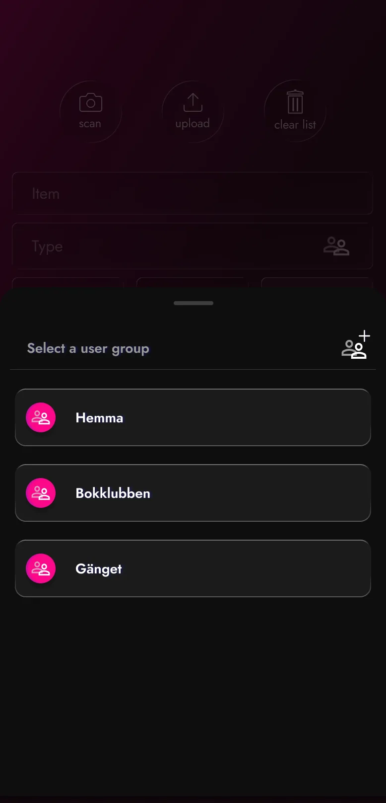 Modal bottom sheet displaying a list of existing user groups and add-usergroup button