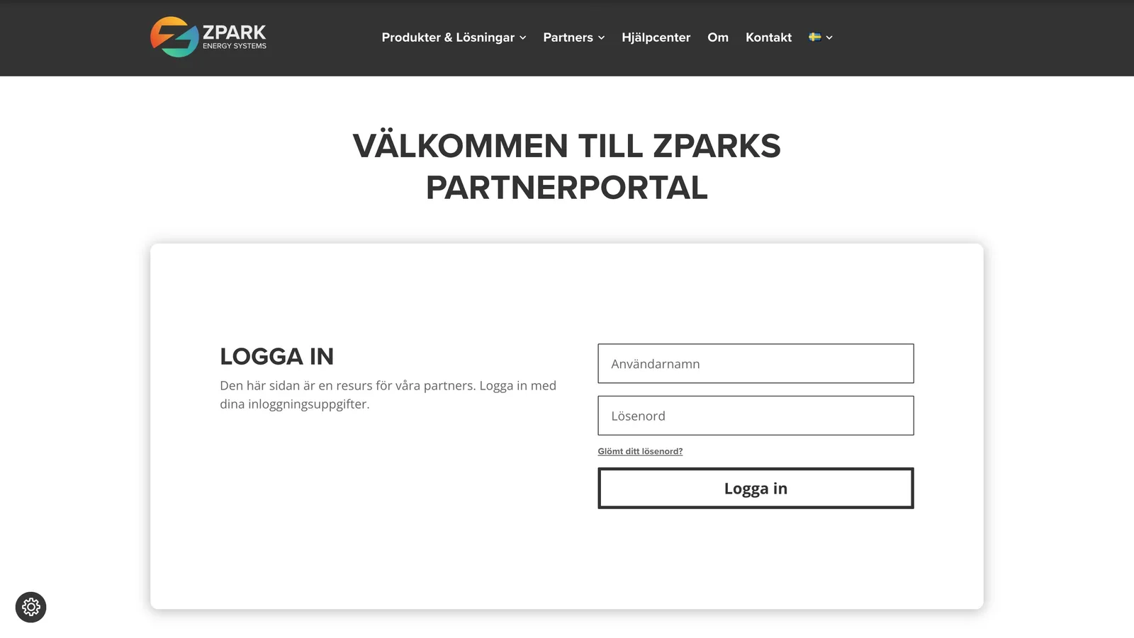 Zpark website homescreen - log in to partner portal