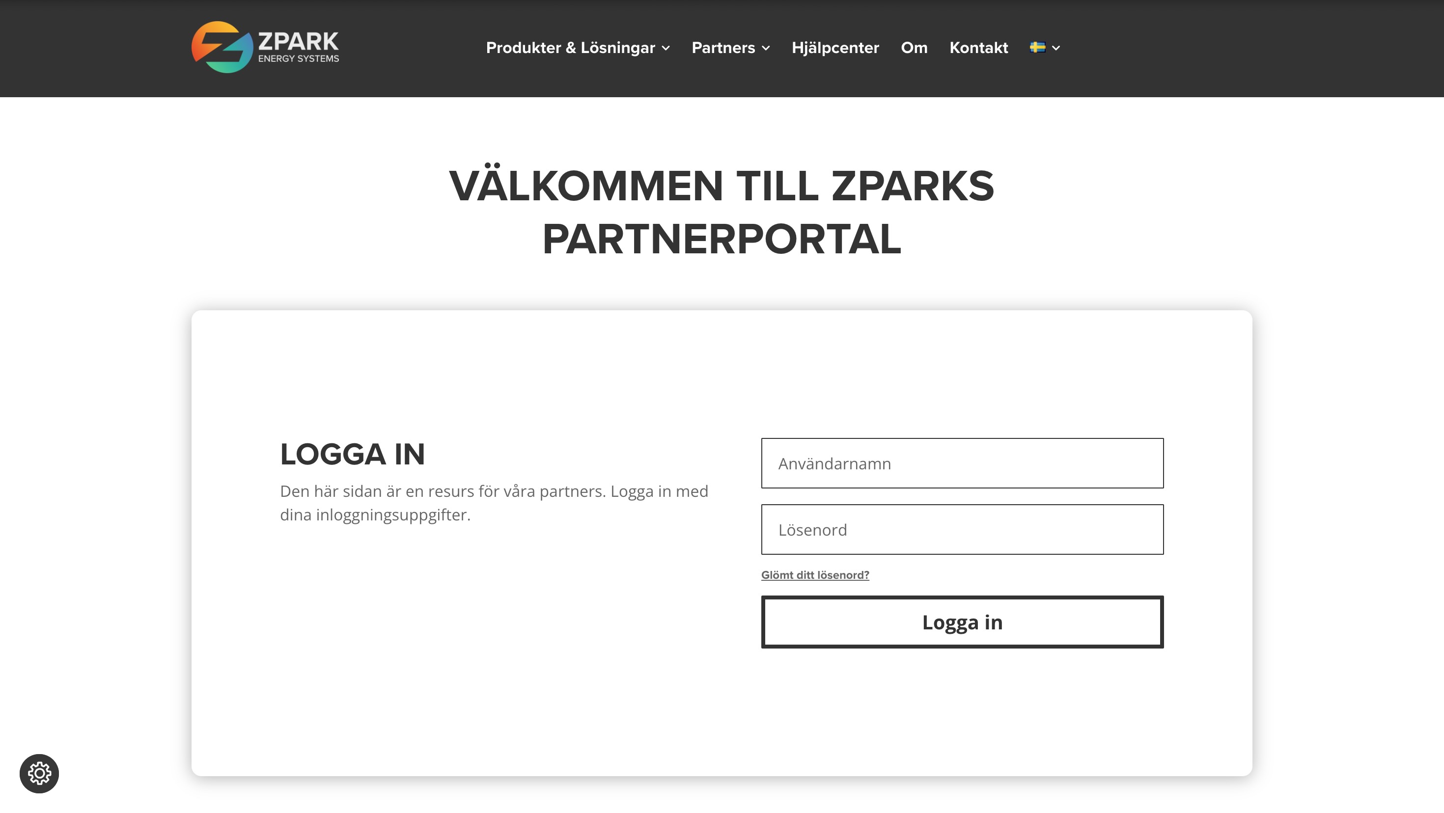 Zpark website homescreen - log in to partner portal