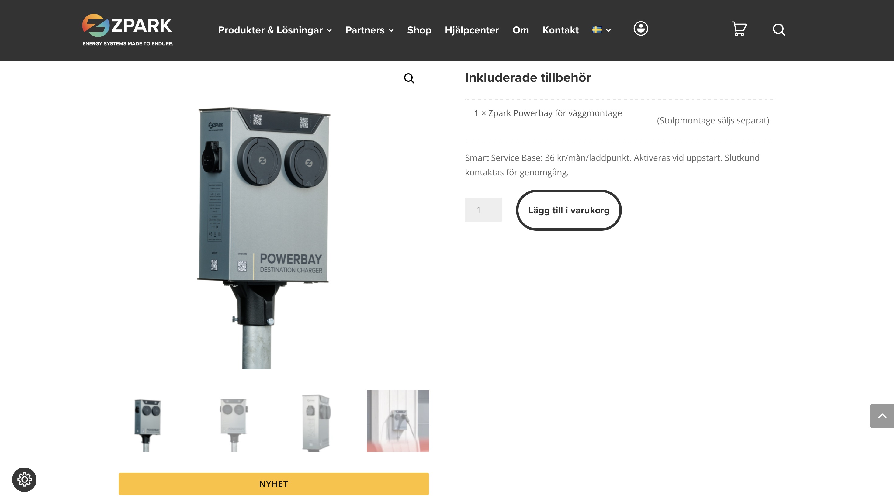 Zpark website shop - product page for the Powerbay destination charger, with image gallery, included accessories and add to cart