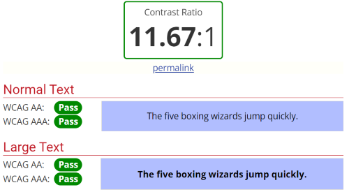 Screenshot from WCAG's site, showing a contrast ratio that is passing the standard for text.