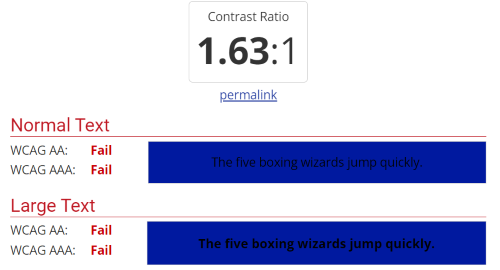 Screenshot from WCAG's site, showing a contrast ratio that is failing the standard for text.